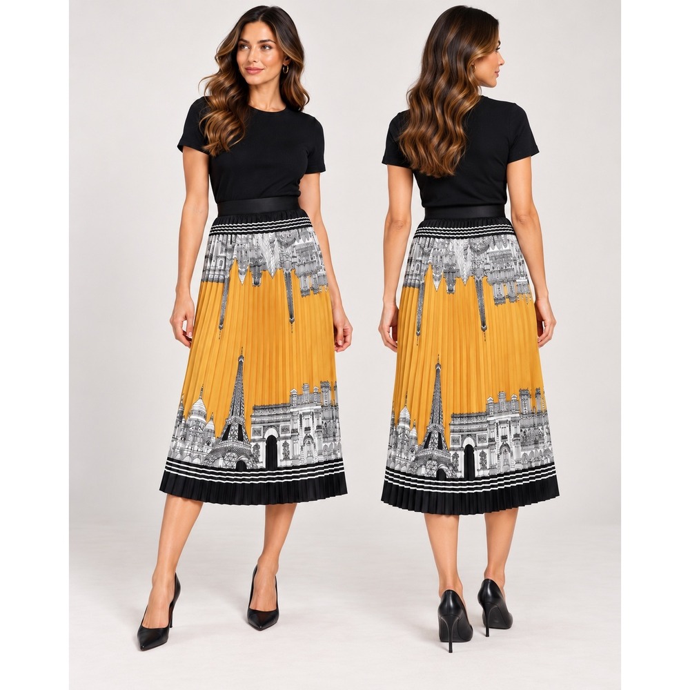 Karl Lagerfeld Paris Pleated Paris Landmark Midi Skirt Size 2 NWT